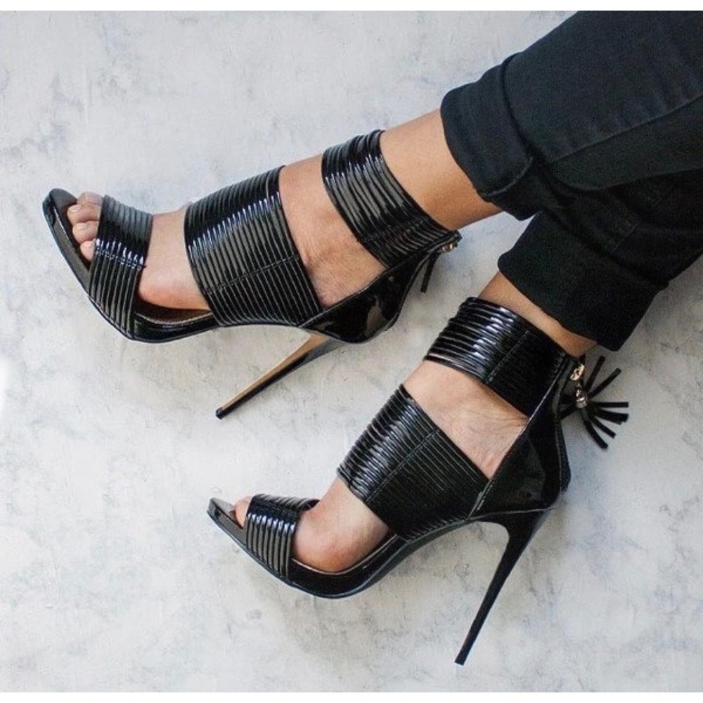 Black Patent Multi Strap Cage Stiletto Sandals with Tassel Detail Size 8.5